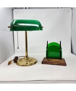 Vintage Brass Bankers Desk Lamp Green Glass Shade Pull Chain + Desk Orga... - £52.58 GBP