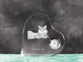 Siberian cat- crystal clock in the shape of a heart with the image of a cat - £42.35 GBP