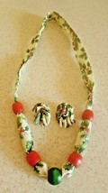 Vintage Handmade Christmas Holly Earrings Necklace Wood Fabric Green Red Bead - £11.90 GBP