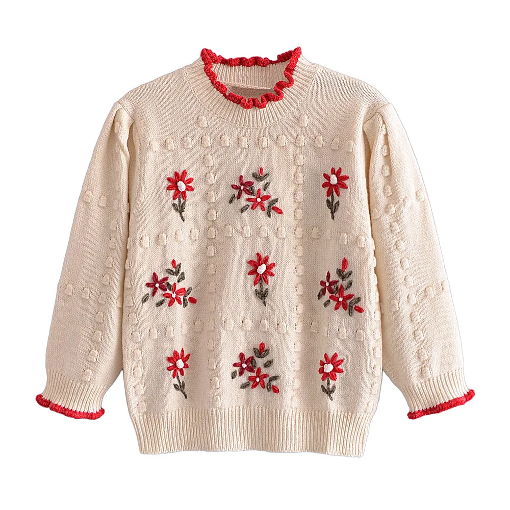 Hikigawa Womens Winter s  Ruffled Collar Long Sleeve Pullover  Flower Em... - £127.62 GBP