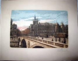 Signed ca1920 Original Engraving Bridge Over Seine by Marcel - £46.38 GBP