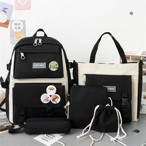 5 Pcs Kawaii Canvas Schoolbag for Teenage Girls College Cute Backpack Purse Larg - £27.43 GBP