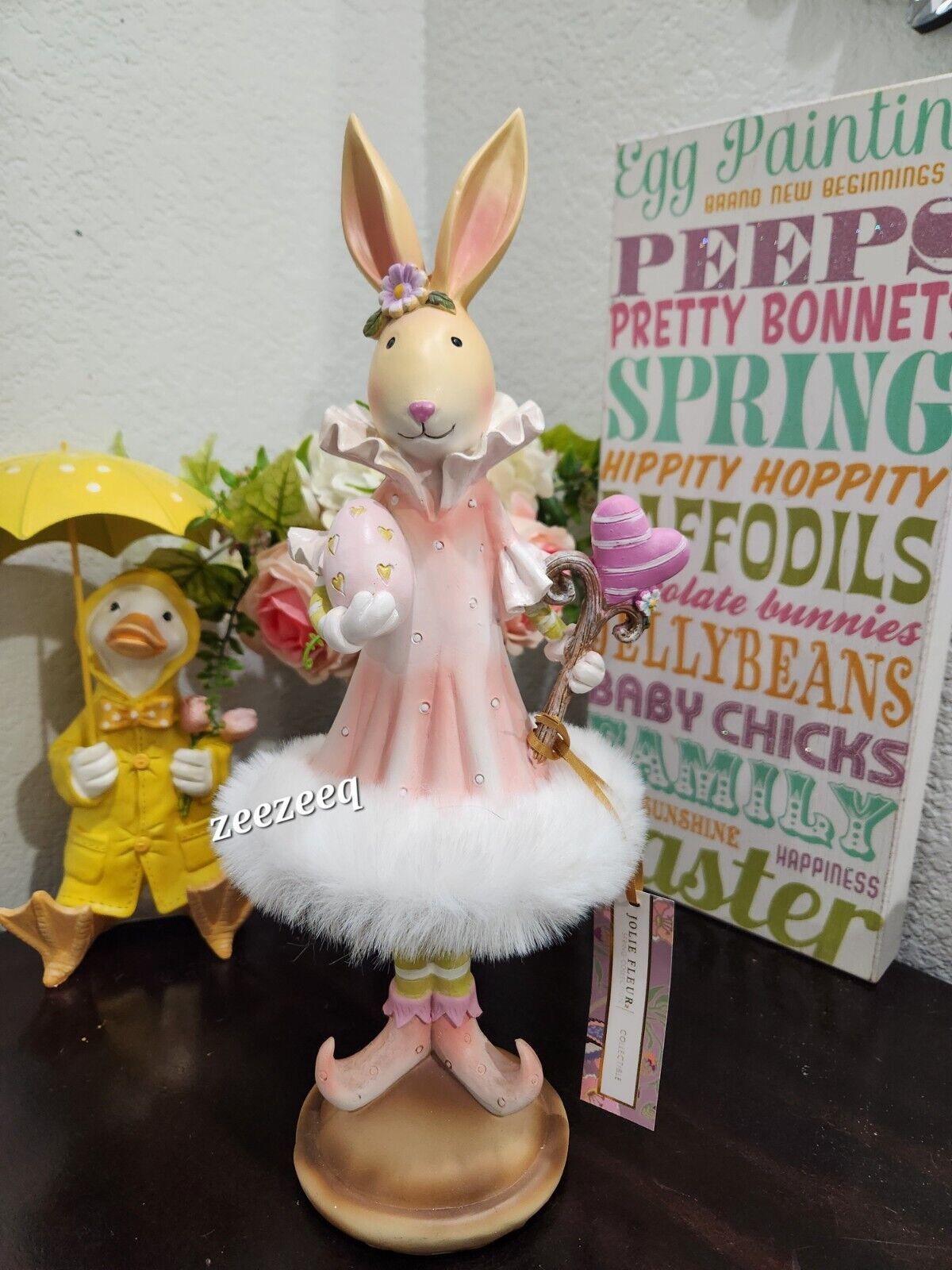 Primary image for Jolie Fleur Easter Girl Pink Bunny Rabbit Faux Fur Trim Dress Figurine Decor NEW