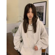 Fashion Dark Grey Hoodie Fleece Thicken Sweatshirt Long Sleeve Korean Letter Pri - £120.27 GBP