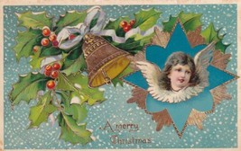 A Merry Christmas Angel Bells Holly Postcard E12 - $3.95