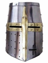 Medieval Knight Armor Crusader Viking Templar Helmet Helm w/ Mason&#39;s Brass Cross - £55.82 GBP