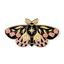 Insect Animal Enamel Pin: Black Butterfly Moth with Pink Tulips - $12.90