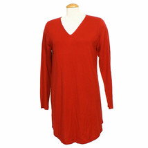 Eileen Fisher Lacquer Red Merino Wool Jersey Knit V-Neck Tunic Dress Pl - £107.02 GBP