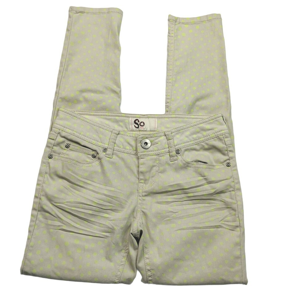 SO Womens Skinny Jeans Size 1 Beige Yellow Polka Dot Stretch - $18.71
