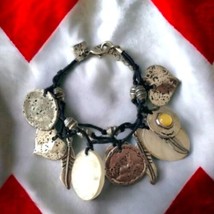 Abalone Coin Charm Bracelet Chunky Dangle Gypsy MOP Patina Silver Tone Boho  - £18.12 GBP