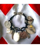 Abalone Coin Charm Bracelet Chunky Dangle Gypsy MOP Patina Silver Tone B... - £17.85 GBP