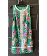 Eliza J Tropical Floral Shift Dress Green Pink White Lace Trim Sleeveles... - $19.80