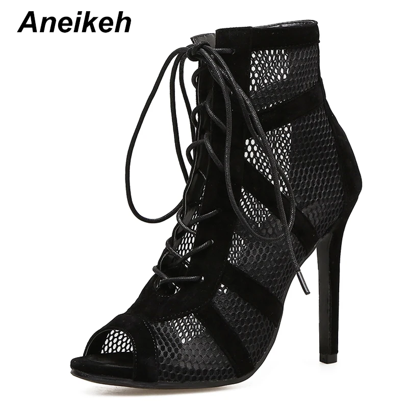 Black mesh women s boots fashion pointed toe lace up high heels women transparent ankle thumb200