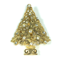 ULTRA CRAFT Christmas Tree Pin Brooch 2.4&quot; Vintage Signed Rhinestones Filigree - £26.28 GBP