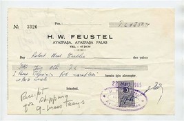 H W Feustel Ayazpasa Palace Receipt &amp; Revenue Stamp 1965 Istanbul Turkey  - $13.86