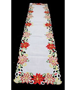 Saro Embroidered and Cutwork Poinsettia Table Runner Ivory 16x72 inches - $20.29 CAD