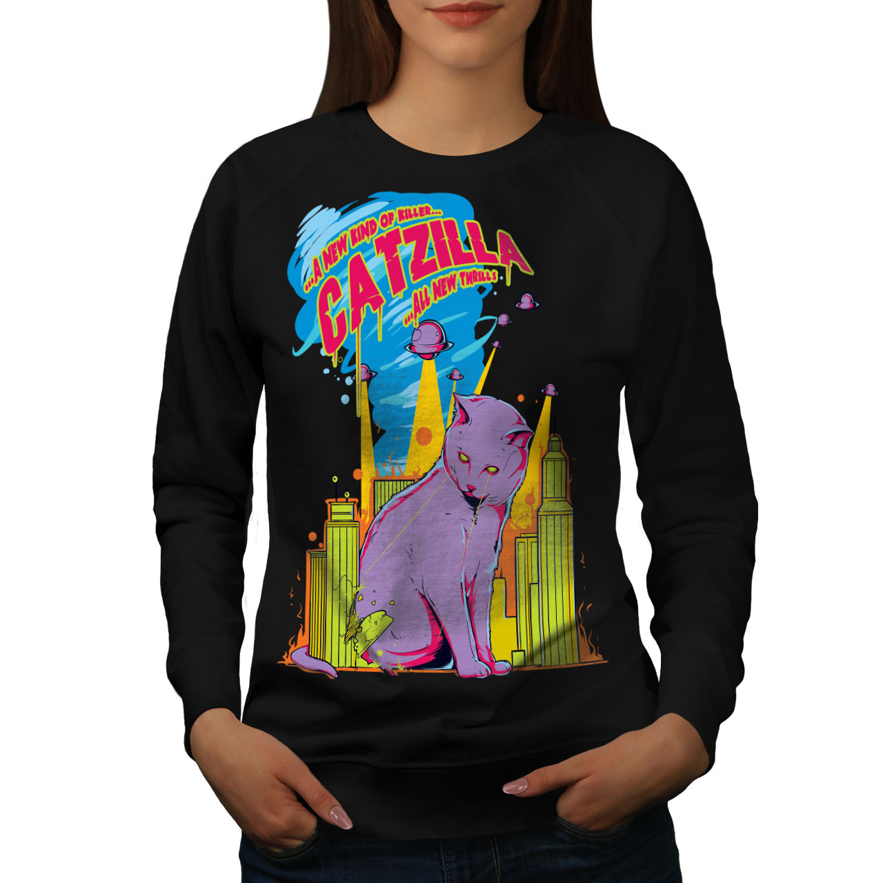 Cat Godzilla Parody Jumper Attack Kitty Women Sweatshirt - £15.17 GBP