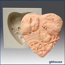 Silicone Soap Mold - Country Chickens on Farmyard Heart - $20.04