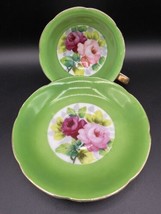 Teacup and Saucer porcelain white and green, handpainted roses, gold rim... - $20.63