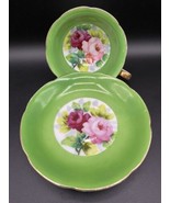 Teacup and Saucer porcelain white and green, handpainted roses, gold rim... - £16.18 GBP