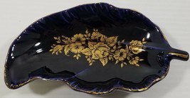 VC) Vintage Peint A La Main Blue Leaf Gold Tone Floral Trinket Candy Dish - £15.60 GBP