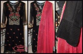 Pakistani Black A-Line Shirt Chiffon Suit with Threadwork &amp; Fancy Thread... - $103.95
