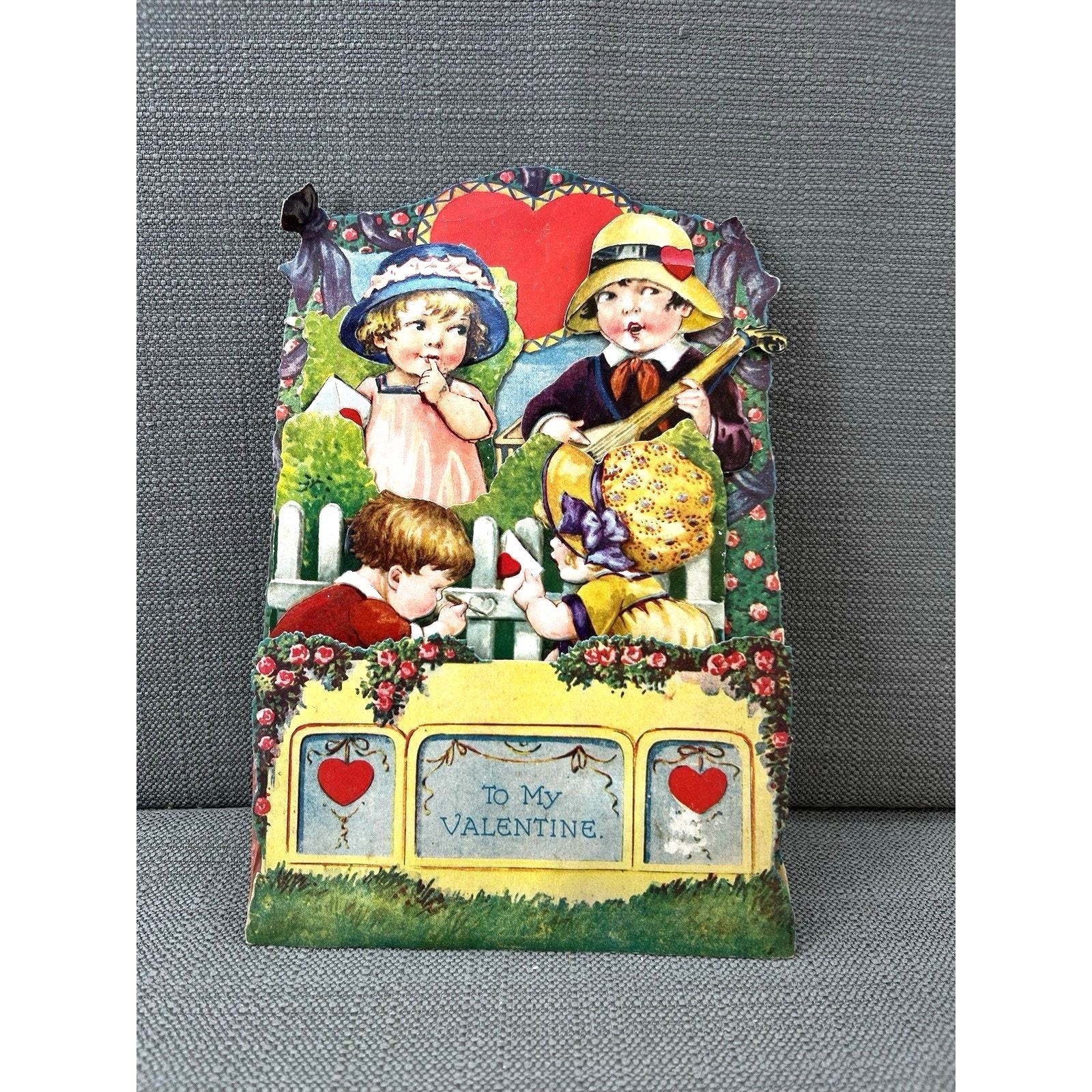 5 Antique 1900s Victorian Valentines Day Cards Trade Card Lot Die Cut Stands Item image 5