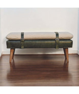 Bouclé Buffalo Hide Olive Green Leather Bench with Nordic Legs - $7,429.18 MXN