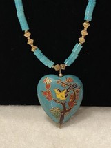 Vintage Cloisonné Puffy Heart 1.5 In Pendant On 20 In Stone Golden Bead Necklace - £62.90 GBP