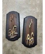 2 -Vintage 1970s Brass &amp; Wood Plaque Wall Art Cattails Cat Tails Decor - $21.78