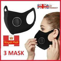 Pack of 3 Reusable Washable Breathable Valve  Face Mask Black - UK STOCK - £3.95 GBP