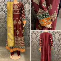 Pakistani Maroon Raw Silk long Maxi  Fancy Dress With Threadwork ,Sequins - $163.35