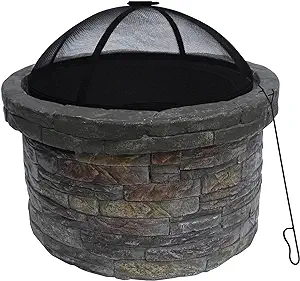 26.5 In. Round Decorative Faux Slate Stone Outdoor Wood Burning Fire Pit... - £297.57 GBP