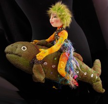 19&quot; whimsical artist doll / folk art sea nymph / Vintage signed sea fish - hand  - £155.87 GBP