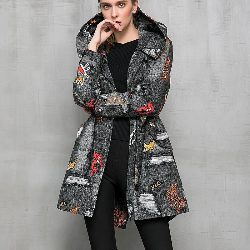 Loose plus size &#39;s jacket long-sleeved printed denim windbreaker hooded ... - $147.68