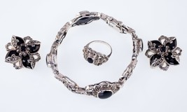 Gorgeous Sterling Silver Onyx and Hematite Jewelry Set Bracelet, Earring... - $681.43
