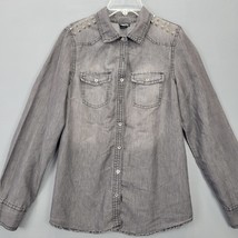 rue21 Women Shirt Size M Gray Grunge Silver Studded Classic Long Sleeves Buttons - £7.77 GBP