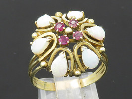 14K GOLD - Vintage Fire Opal &amp; Ruby Bohemian Cocktail Ring Sz 9.5 - GR125 - £307.17 GBP