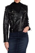 Women&#39;s Black Biker Slim Fit Handmade Genuine Leather Silver Star Studded Jacket - £149.29 GBP