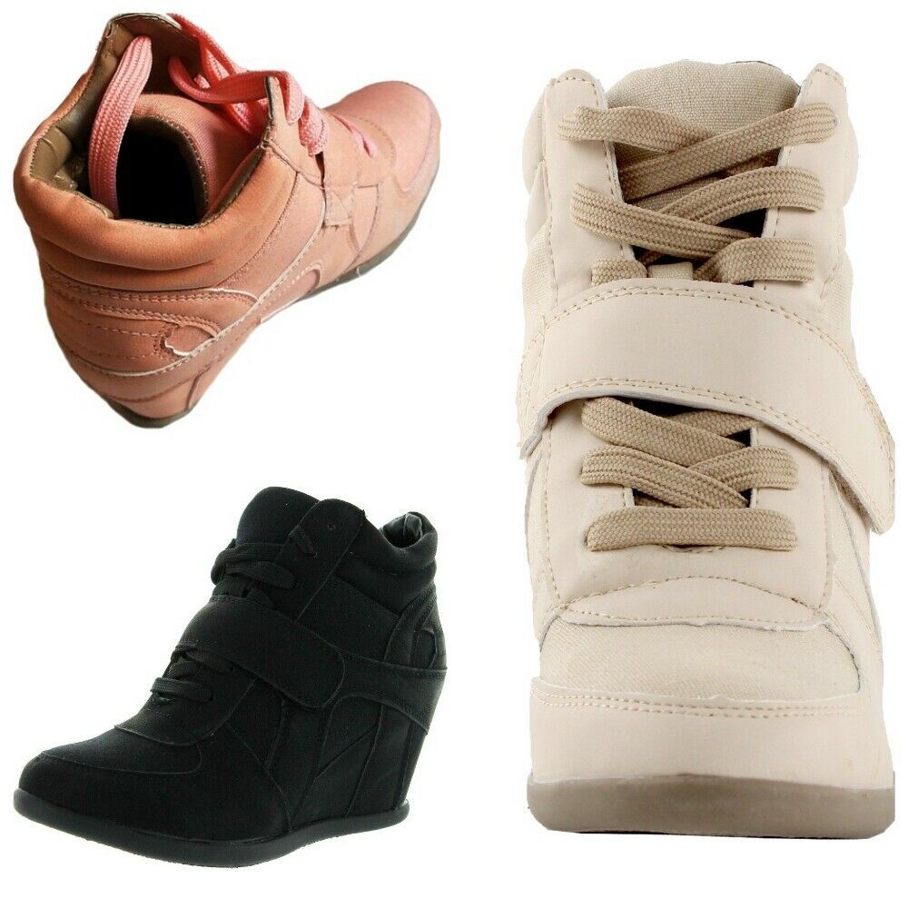 Top Moda Sammy-40 High Top Strap Hidden Wedge Heels Lace-Up Sneaker Shoes