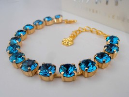 Swarovski Tennis Bracelet / Prom Gold Cupchain Jewelry / Blue Zircon Crystal Cha - £18.96 GBP