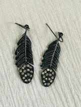 Estate Long Oxidized Silvertone Feathers with Clear Rhinestones Ends Dangle Earr - $11.29