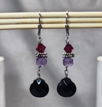Sterling Silver Purple Fuchsia &amp; Black Faceted Beads Dangle Earrings Pierced 925 - £18.20 GBP