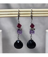 Sterling Silver Purple Fuchsia &amp; Black Faceted Beads Dangle Earrings Pie... - £17.81 GBP