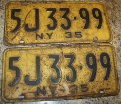 1935 PAIR ANTIQUE NY STATE CAR AUTO LICENSE PLATES NEW YORK SET - $54.44