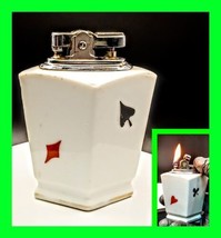 Unique Vintage Diamond Shaped Gambling Poker Motif Table Petrol Lighter Working  - £39.56 GBP