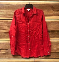J.Jill Women’s Sz L Linen Button down Shirt PIMENTO Red Mother Of Pearl Buttons - £23.32 GBP