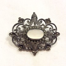 Vtg Art Deco Signed 925 Sterling Silver Mother Of Pearl &amp; Marcasites Pin Brooch - £33.22 GBP