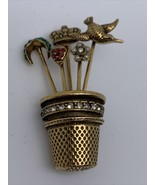 Vintage Signed Jeanne THIMBLE 5 STICK PINS Brooch Pin Gold-Tone - £33.50 GBP