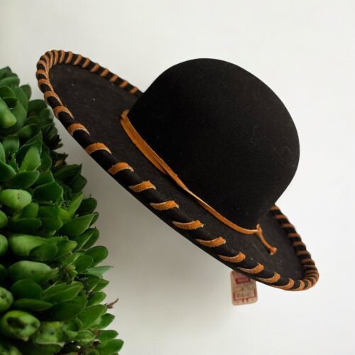 Vintage 100% Wool Black Wool Brown Leather Hat Doeskin Felt NWT - $56.42